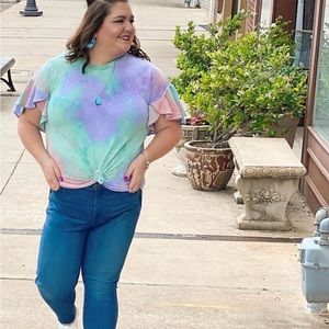 Boutique pastel tie-dye blouse with flutter sleeves, 3X